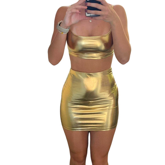 New Medium Metallic Gold 2 Piece Crop Top Mini Skirt Set Vegan Cami‎ Outfit Rave - Picture 1 of 5